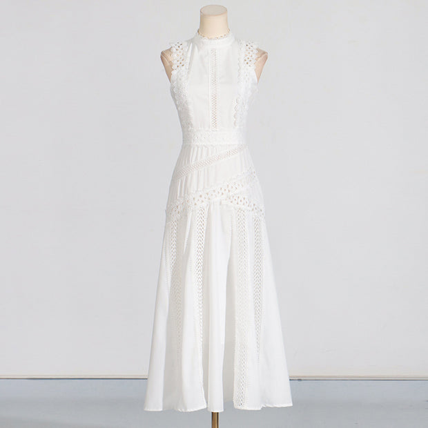Round Neck Sleeveless Waist Lace Stitching Solid Color Dress
