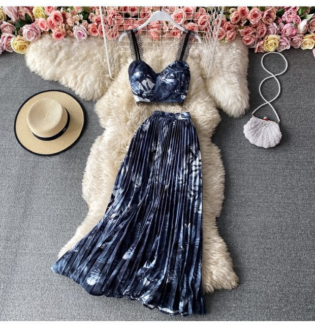Seaside Holiday Floral Print Spaghetti-Strap Camisole Top Sleeveless Two-piece Suit