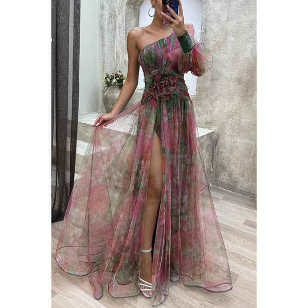 Elegant One-Shoulder Mystic Garden Dress