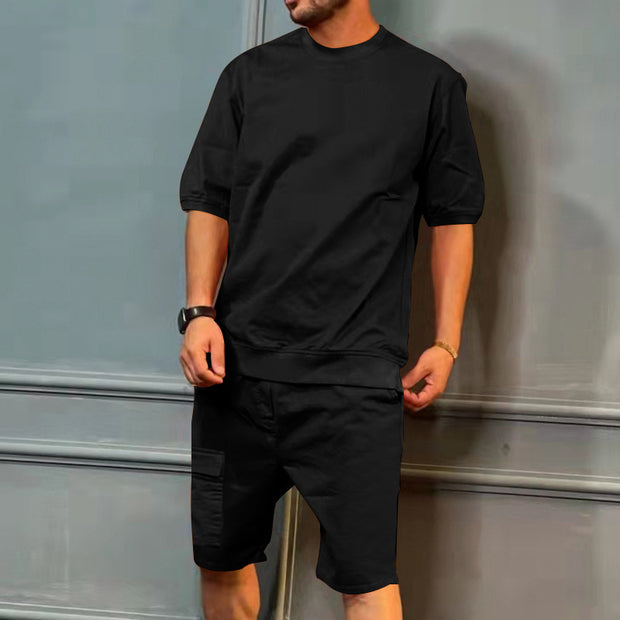 Men's Sports Suits Summer Round Neck Short-sleeved Top And Multi-pocket Shorts Casual Trendy 2pcs Set Clothing