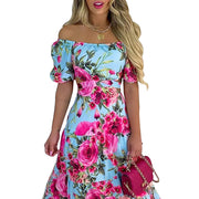 Women's Printed One-Line Neck Short Sleeve Panel Swing Dress