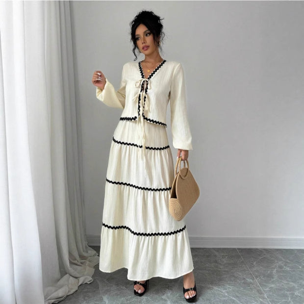 Women's Lace Layered Pleated Lantern Sleeve Bow Shirt And Skirt Suit