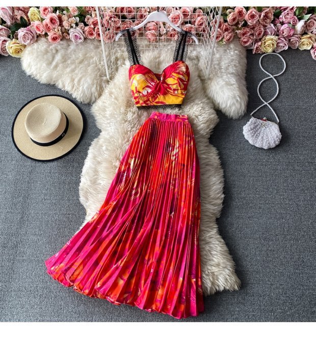 Seaside Holiday Floral Print Spaghetti-Strap Camisole Top Sleeveless Two-piece Suit
