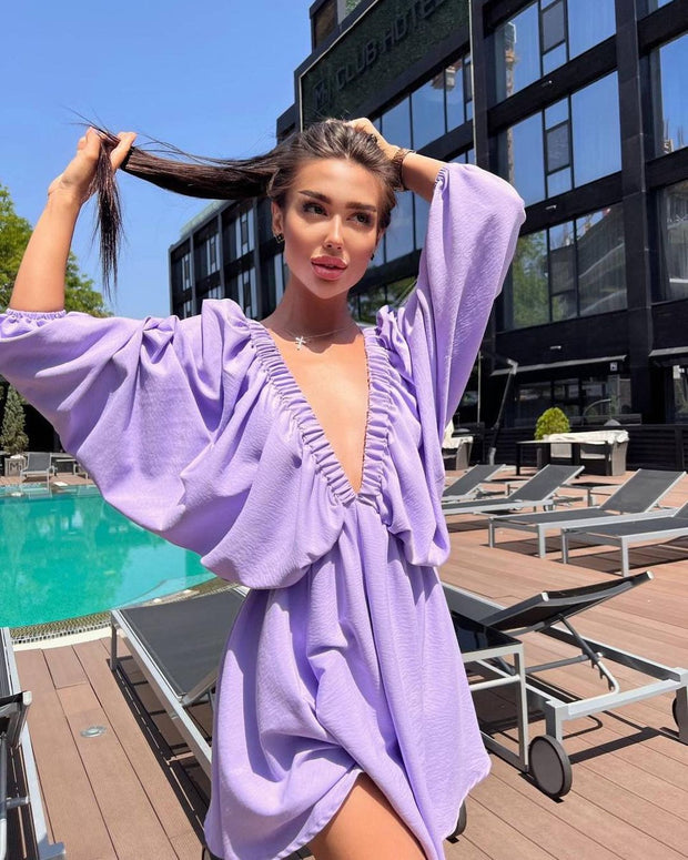 V-neck Lantern Sleeve Dress