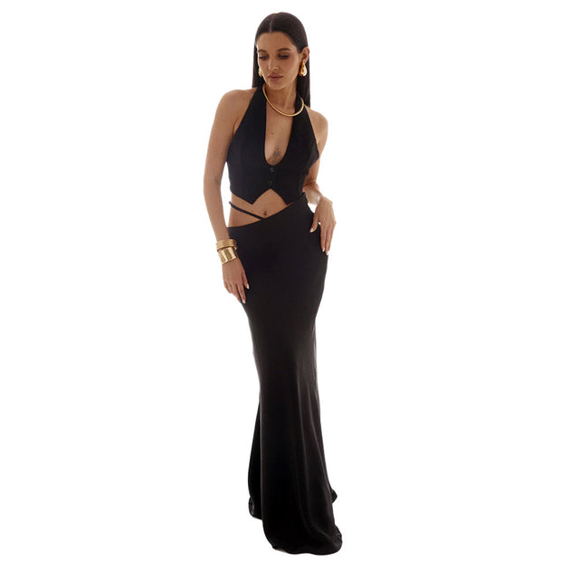 Solid Color Hollow-Out Bodycon Maxi Skirt