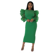 Mesh Puff Sleeve Elegant Slim Fit Dress