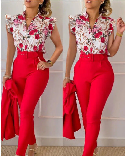 Women's Elegant Ruffled Sleeved Pants Suit With Belt