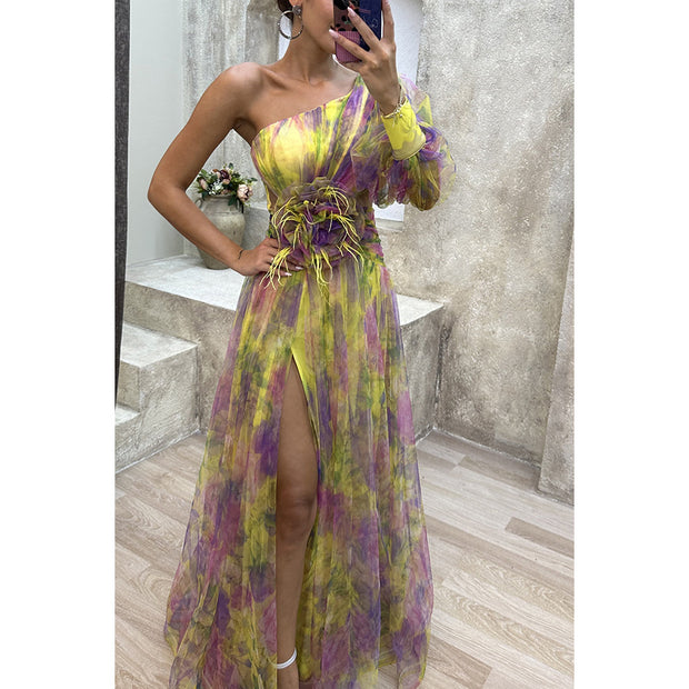 Elegant One-Shoulder Mystic Garden Dress