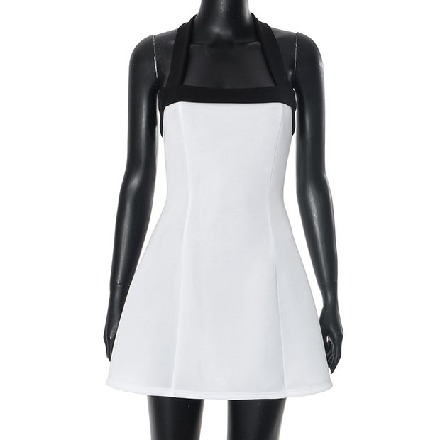 Sexy Black Halter Off Shoulder White Mini Dress Women