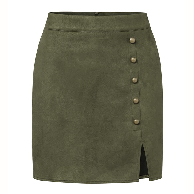 Women's Solid Color Suede High Waist Metal Buckle Skirt