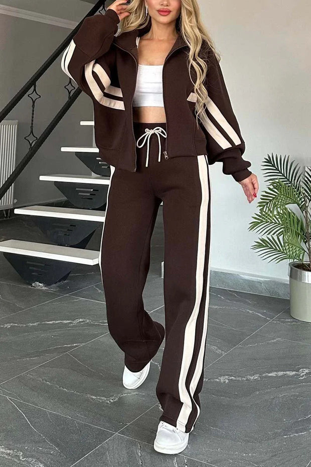 Women's Y2K Striped Zip Top Jacket Casual Sports Suit