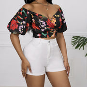 Ladies' Summer New Cross Wrapped Chest Lantern Sleeve Short Flower Printed Elegant Top