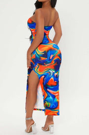 Ladies' Multi-Colored Printed Strapless Side Slit Slim Fit Dress With Slimming Effect And Hip Hugging Design