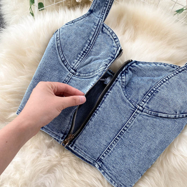 Short Camisole High Waist Denim Skirt