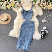 Short Camisole High Waist Denim Skirt