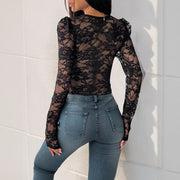 Women's Lace Stitching Long Sleeve V-neck See-through Jumpsuit