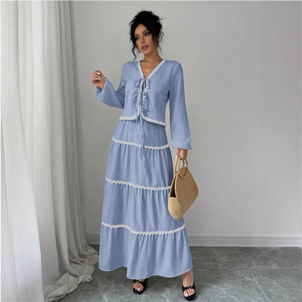 Women's Lace Layered Pleated Lantern Sleeve Bow Shirt And Skirt Suit