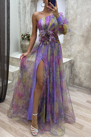 Elegant One-Shoulder Mystic Garden Dress