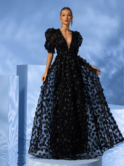 Women's Puff Short Sleeve Three-dimensional Flower Mesh Dress