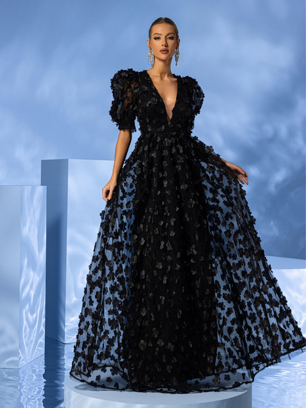 Women's Puff Short Sleeve Three-dimensional Flower Mesh Dress