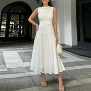Round Neck Sleeveless Waist Lace Stitching Solid Color Dress