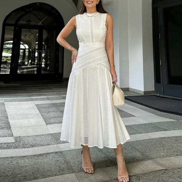 Round Neck Sleeveless Waist Lace Stitching Solid Color Dress