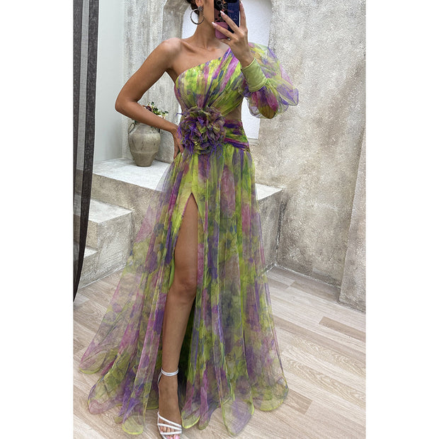 Elegant One-Shoulder Mystic Garden Dress