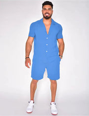 Men's Summer Lapels Cotton Linen Solid Color Short Sleeve Shorts Suit