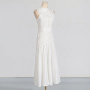 Round Neck Sleeveless Waist Lace Stitching Solid Color Dress