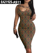 Retro Pattern Female Digital Print Sleeveless Round Neck Slim Dress