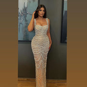 Nude Elegant Sling Light Luxury High-End Pearl Beaded Dress