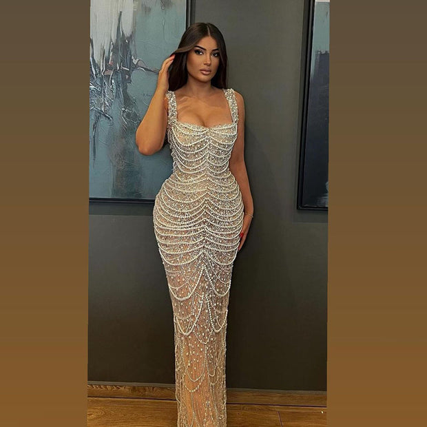 Nude Elegant Sling Light Luxury High-End Pearl Beaded Dress