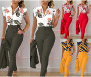 Women's Elegant Ruffled Sleeved Pants Suit With Belt
