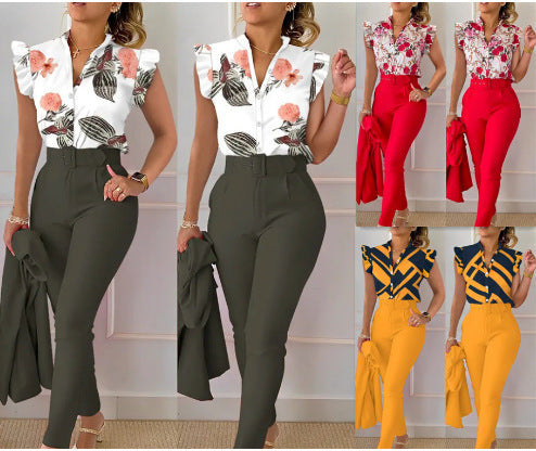 Women's Elegant Ruffled Sleeved Pants Suit With Belt