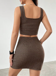 Women Plaid Square Collar Cropped Tank Top And Bodycon Mini Skirt Set