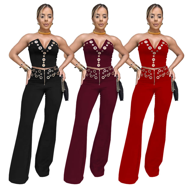 Fashion Women's Wear Sexy Tube Top Eyelet Metal Buckle JumpSuit
