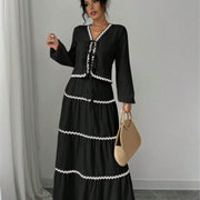 Women's Lace Layered Pleated Lantern Sleeve Bow Shirt And Skirt Suit