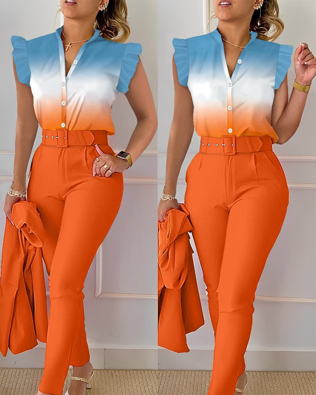 Women's Elegant Ruffled Sleeved Pants Suit With Belt