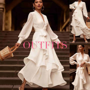 Elegant White Layered Ruffles Satin Dress