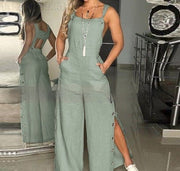 Women's Solid Color Sleeveless Side Pocket Casual Wide Leg Jumpsuit