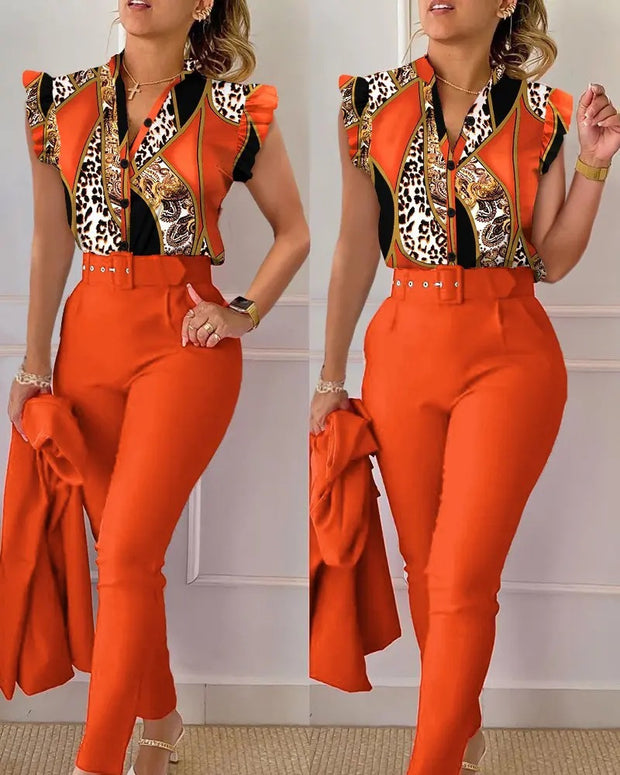 Women's Elegant Ruffled Sleeved Pants Suit With Belt