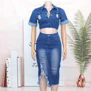 Frosted Denim Wash Skirt Suit