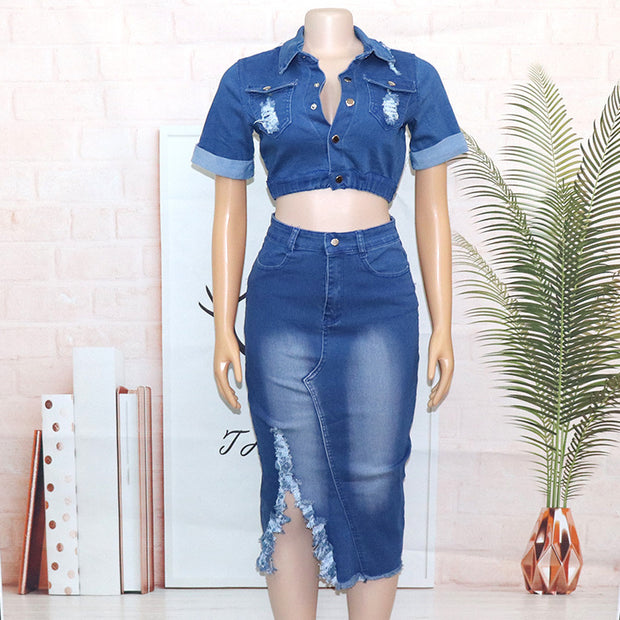 Frosted Denim Wash Skirt Suit