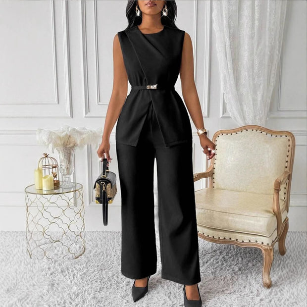 Women's Sleeveless Two-piece Pants Suit w/Belt