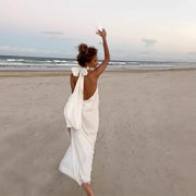 Women's Vintage White Crochet Halter Evening Dress
