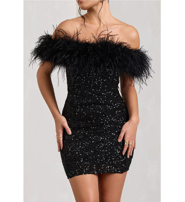 Feather Sequins Evening Dress