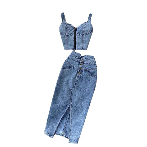Short Camisole High Waist Denim Skirt