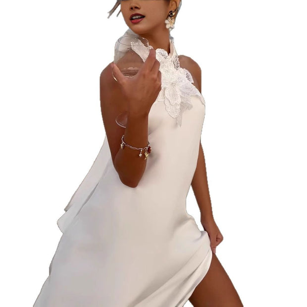 Women's Vintage White Crochet Halter Evening Dress