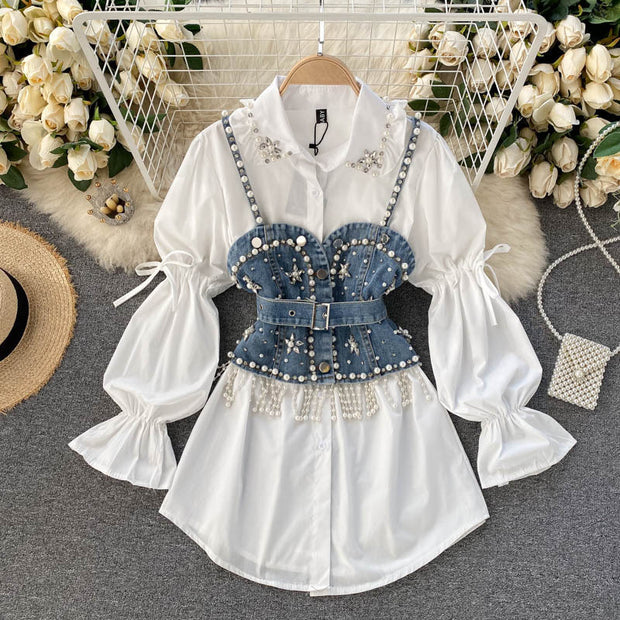 Diamond Beaded Puff Sleeve Shirt Top Tassel Pearl Sling Vest Two-Piece Set