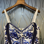Vintage Blue And White Porcelain Print V-Neck Sleeveless Body Dress